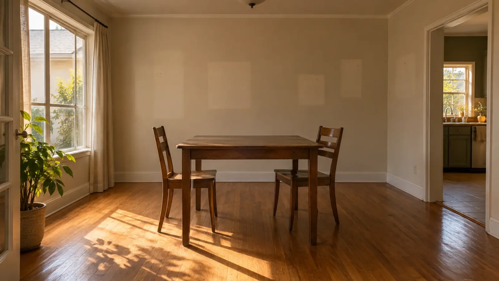 An emptied dining room in a modest Southern California home, a bare table with two chairs, late light through a window onto a wood floor, pale rectangles on the wall