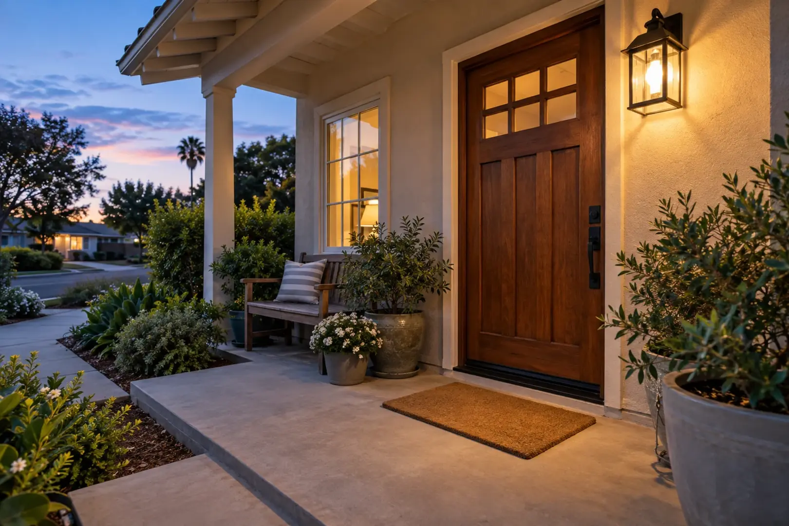 A front porch at early civil twilight with a lamp glowing by the door and a plain doormat, no keys, Southern California