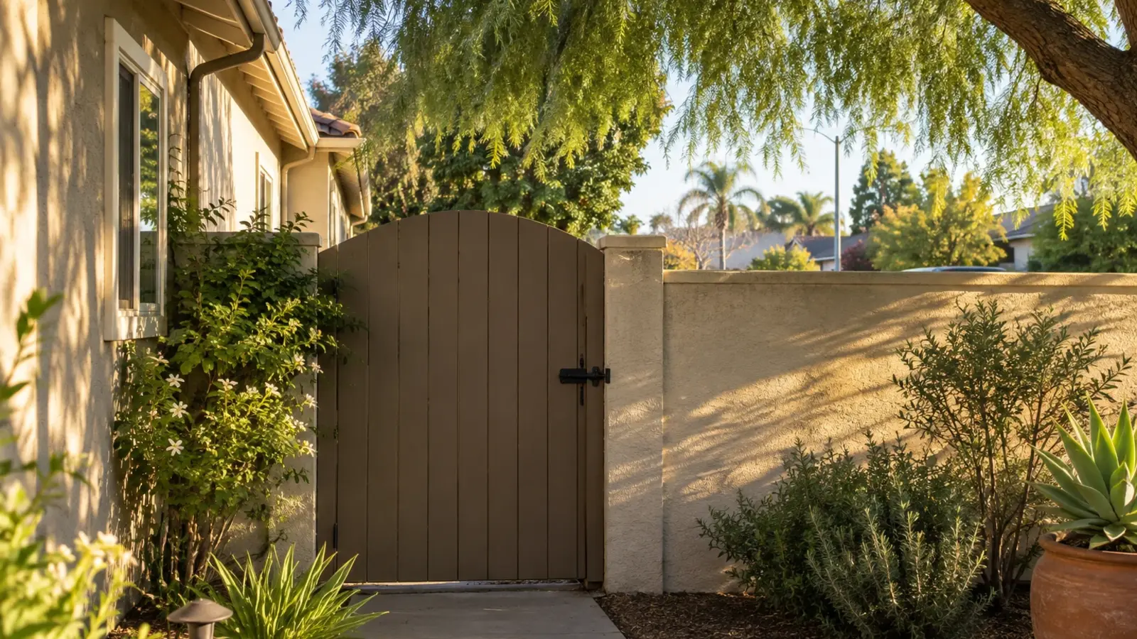 A side gate closed and latched in a stucco garden wall beside a modest home, late afternoon light on the wall, a pepper tree overhead, Temecula CA