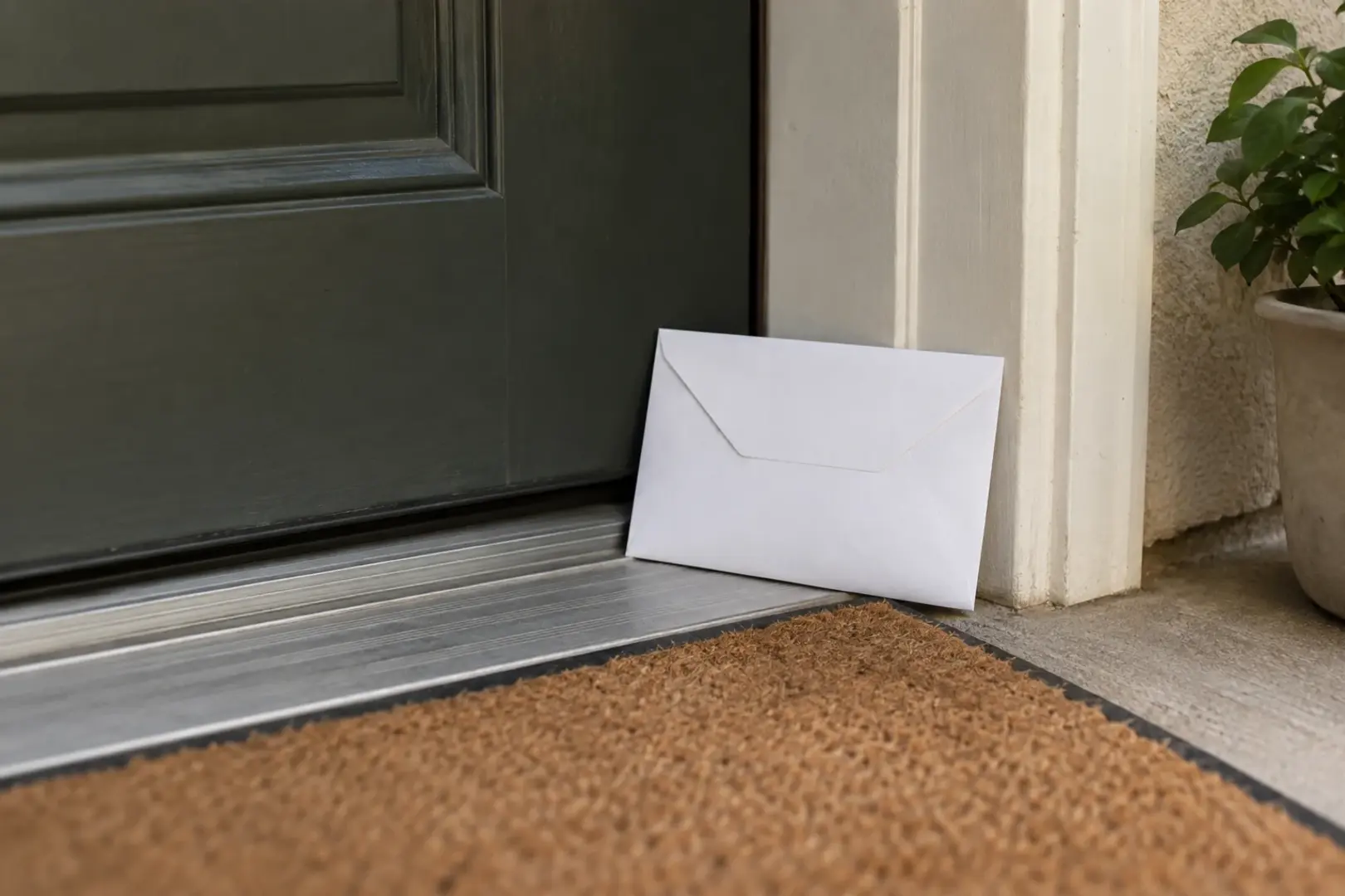 A single sealed envelope propped against a doorframe at a rented apartment's front door, soft morning light, a plain welcome mat, Southern California