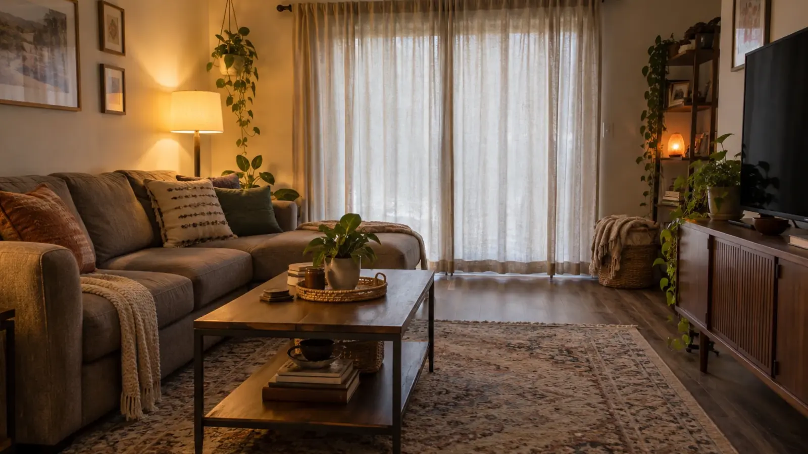 A modest small multi-unit stucco building at golden hour with two separate front doors and a tidy shared walkway, warm light in one window, Escondido CA