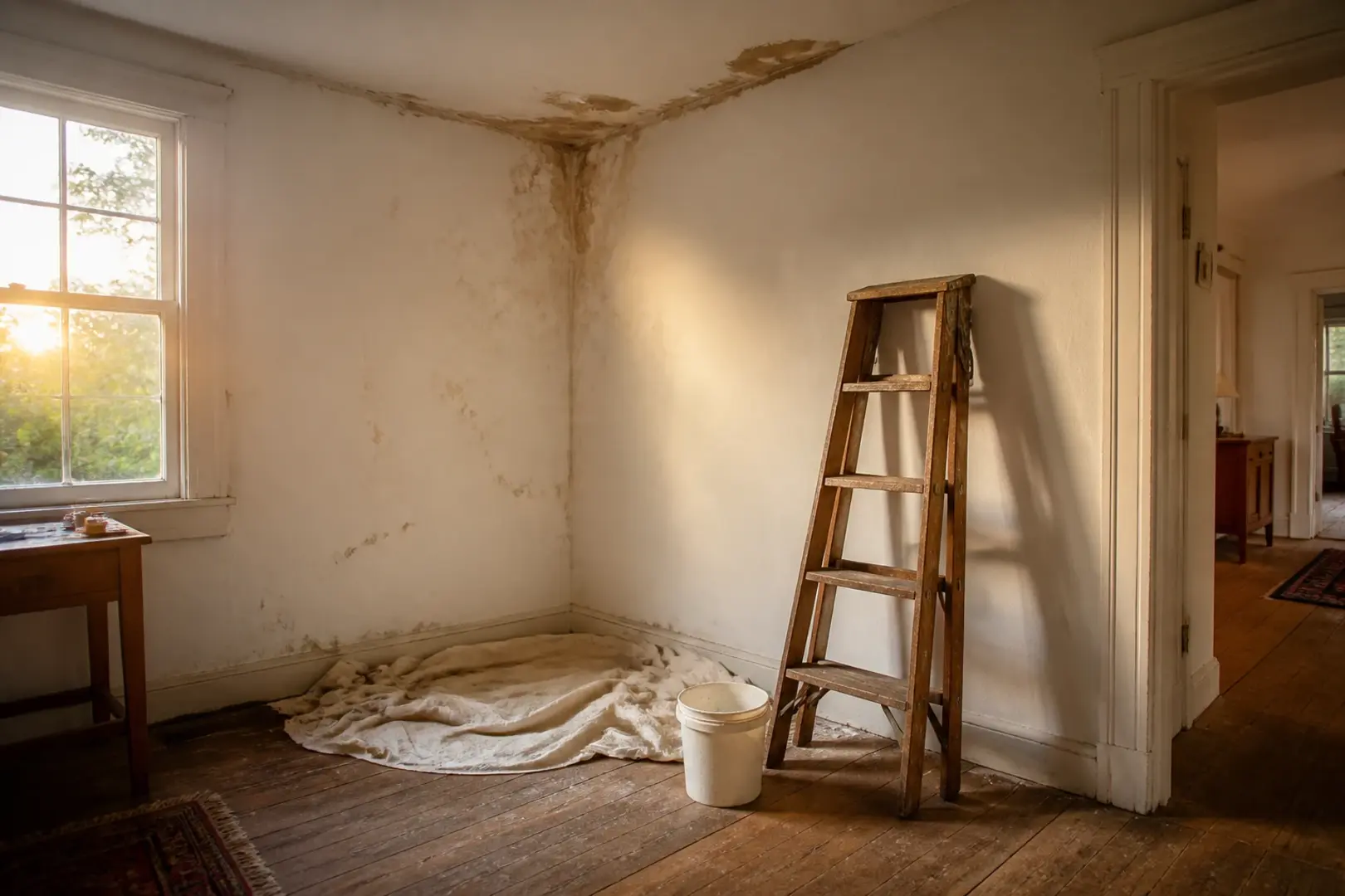 A folded wooden stepladder and a drop cloth beneath a water stained ceiling corner in an older rural home, Southwest Riverside County CA