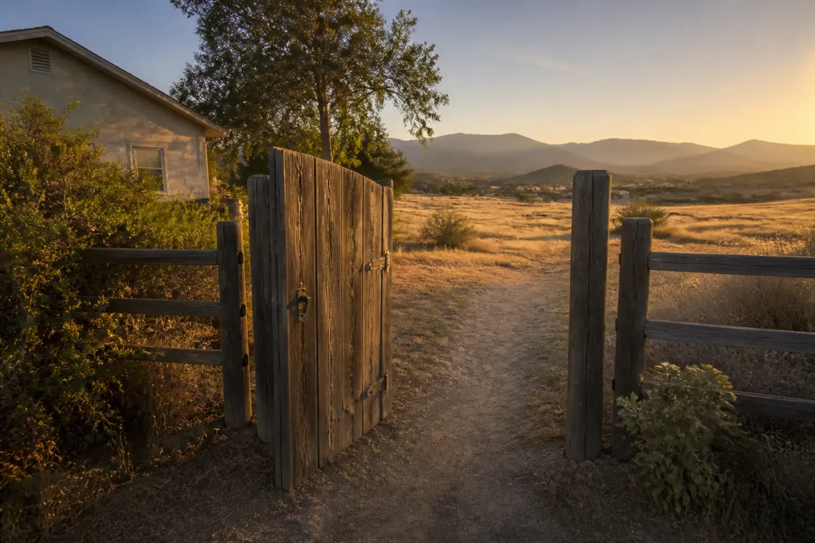A weathered wooden side gate standing ajar in a low fence with a dirt path leading toward open country at golden hour, Southwest Riverside County CA