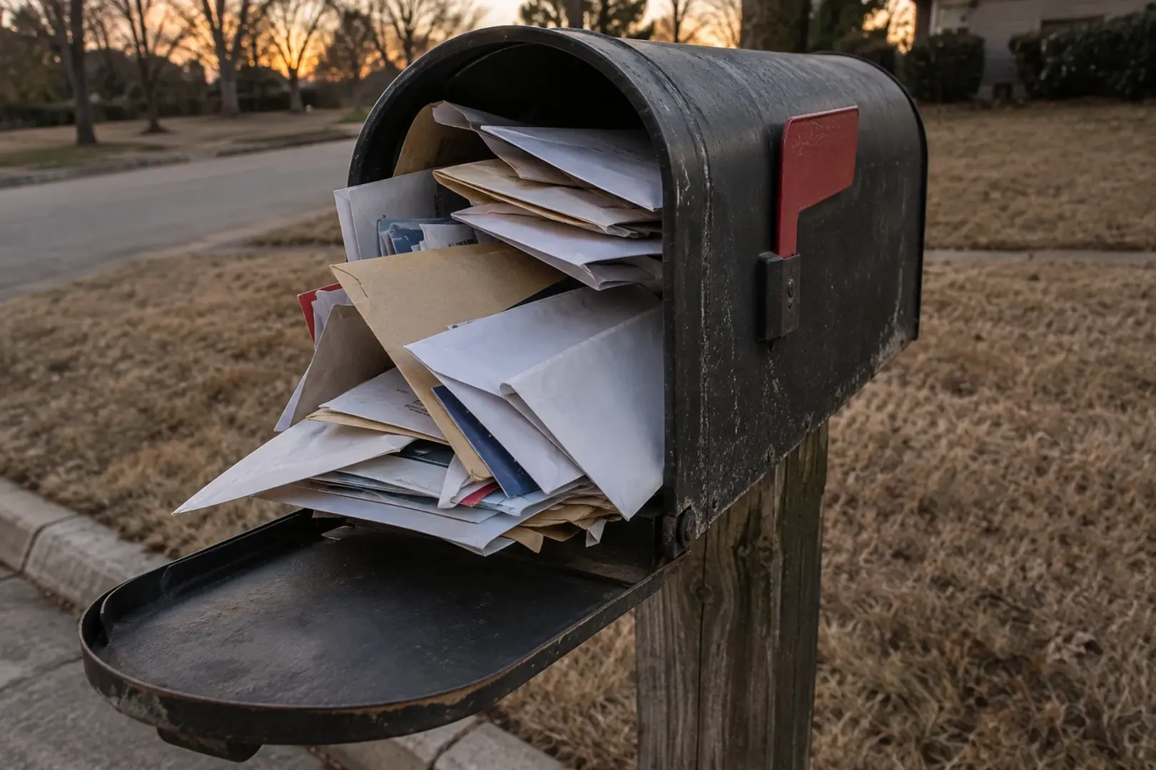 An overstuffed curbside mailbox with its door unable to close, mail spilling slightly, dusk light, a dry lawn beyond, Southern California