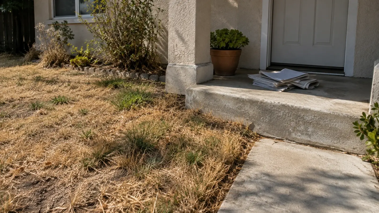 A modest stucco home at early civil twilight with no lights on anywhere, dark windows, an unwatered lawn going dry, neighboring homes lit and lived in on either side, Menifee CA