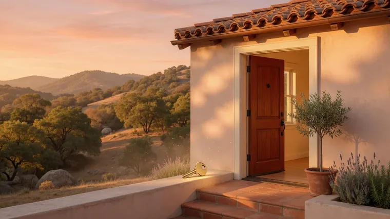 Open front door of a Spanish-style Temecula home overlooking oak hills at golden hour