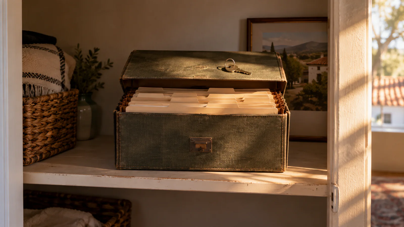 An old accordion file box sits open on a hall closet shelf, blank tabbed folders standing inside and a house key resting on the lid, late sun raking across it, Temecula CA.
