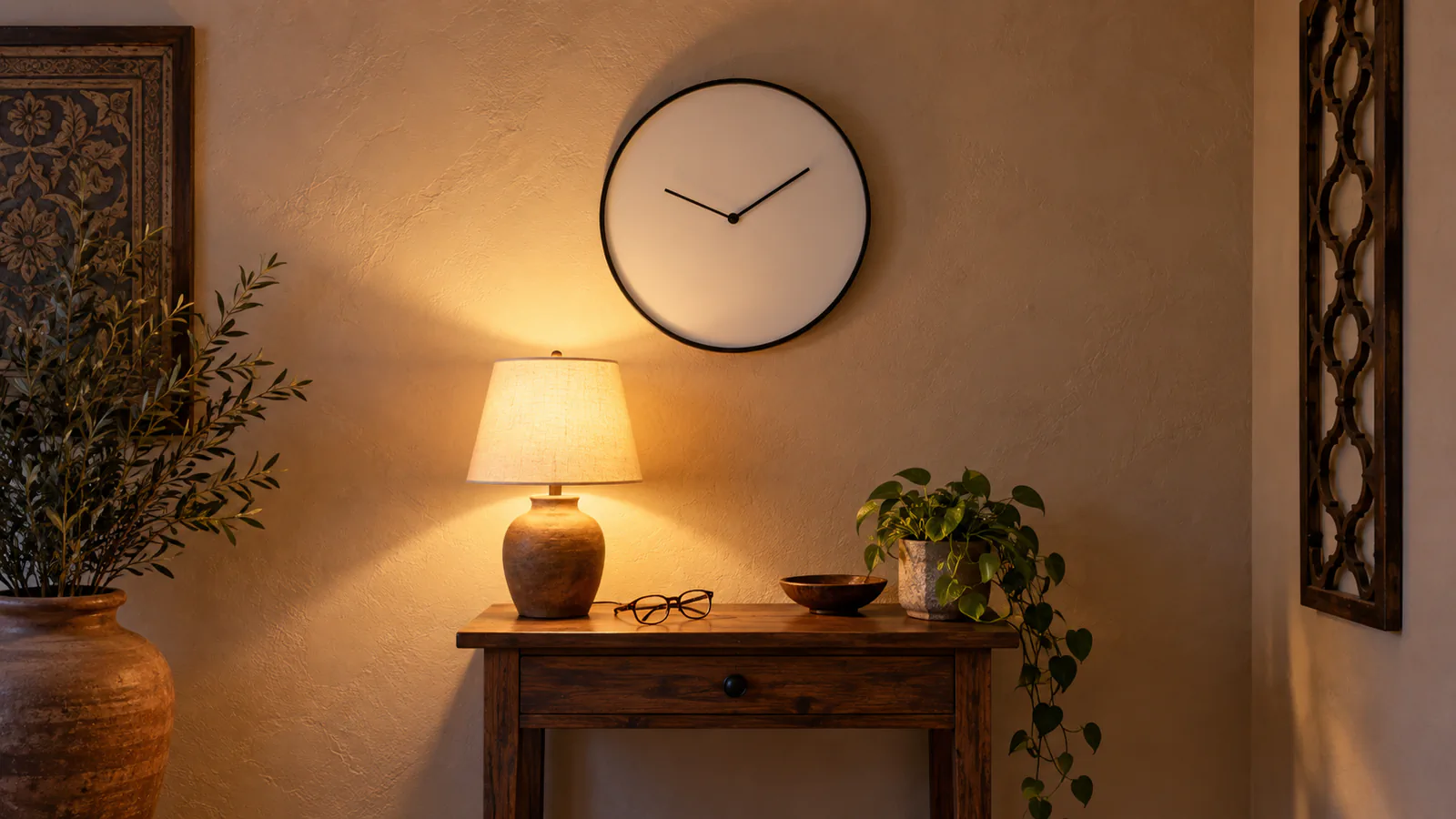 A plain round wall clock hangs centred on a bare stucco wall above a small side table, where a lamp glows beside a pair of reading glasses, Temecula CA.