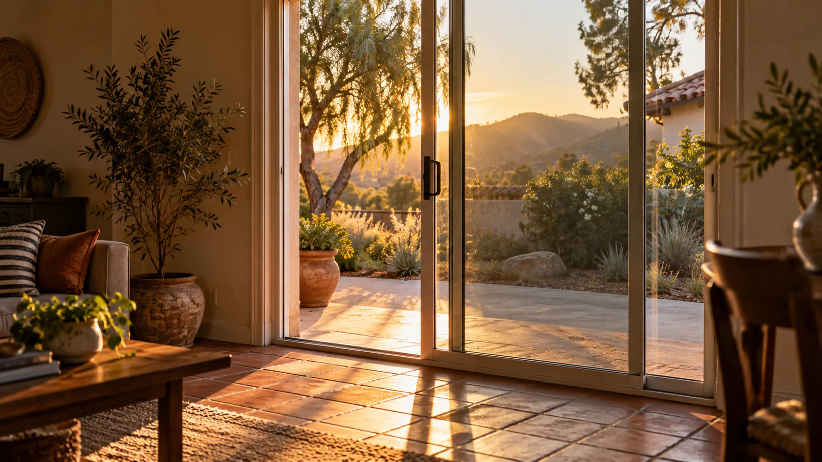 A sliding glass door stands partway open onto a small backyard, golden light pouring across the tile floor, a pepper tree and gold foothills beyond, Temecula CA.