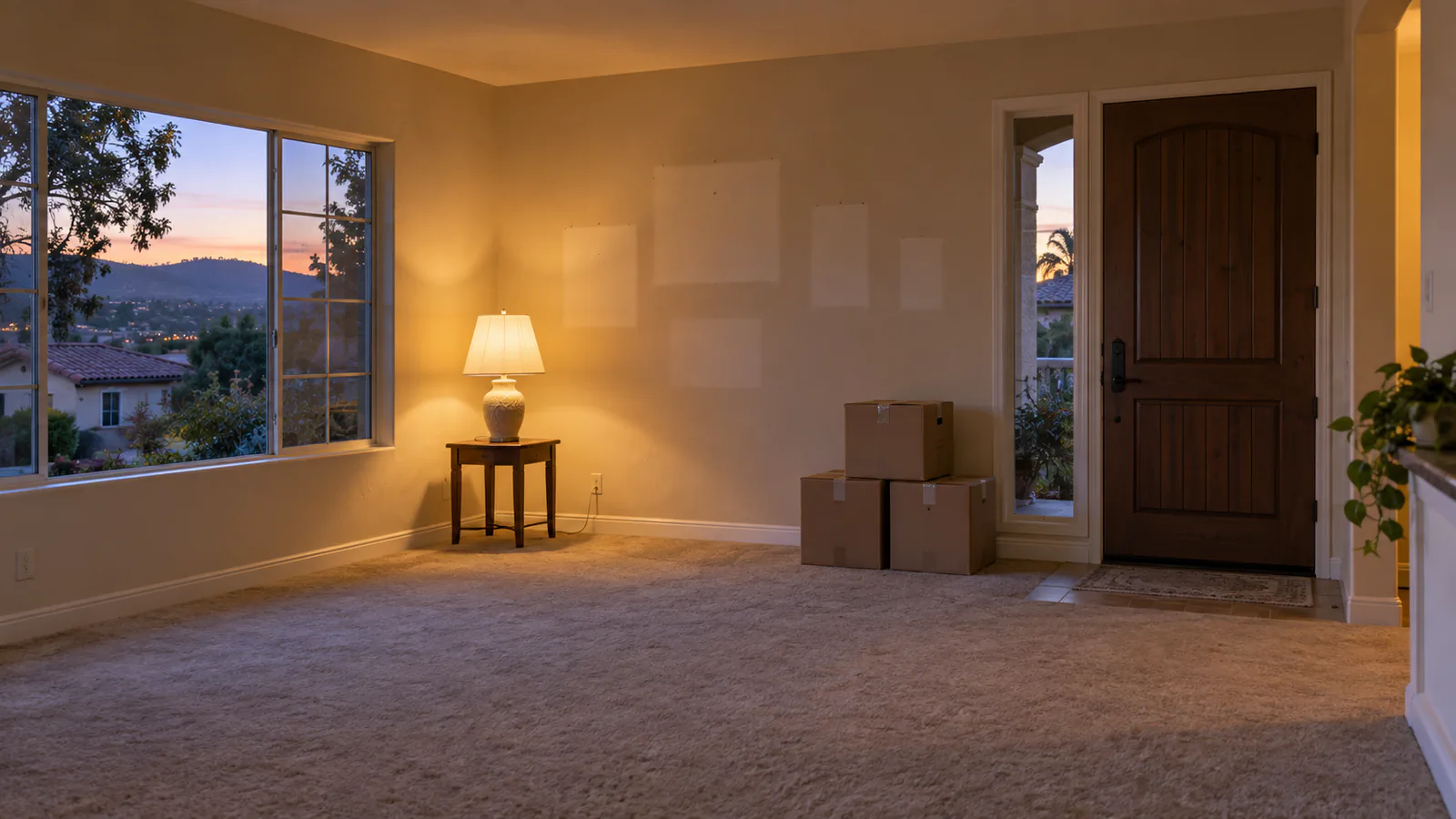 An emptied living room at dusk, pale rectangles on the wall where frames once hung, one lamp glowing on a small side table and a few taped boxes by the door, Temecula CA.
